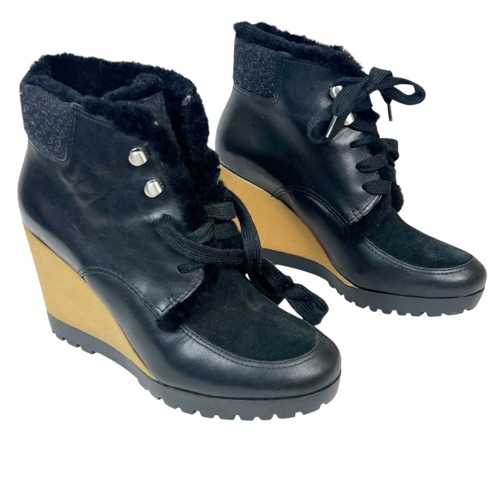 EUC Cole Haan Black Henson Wedge Genuine Sheep Fur Trim Wedge Heel Bootie
